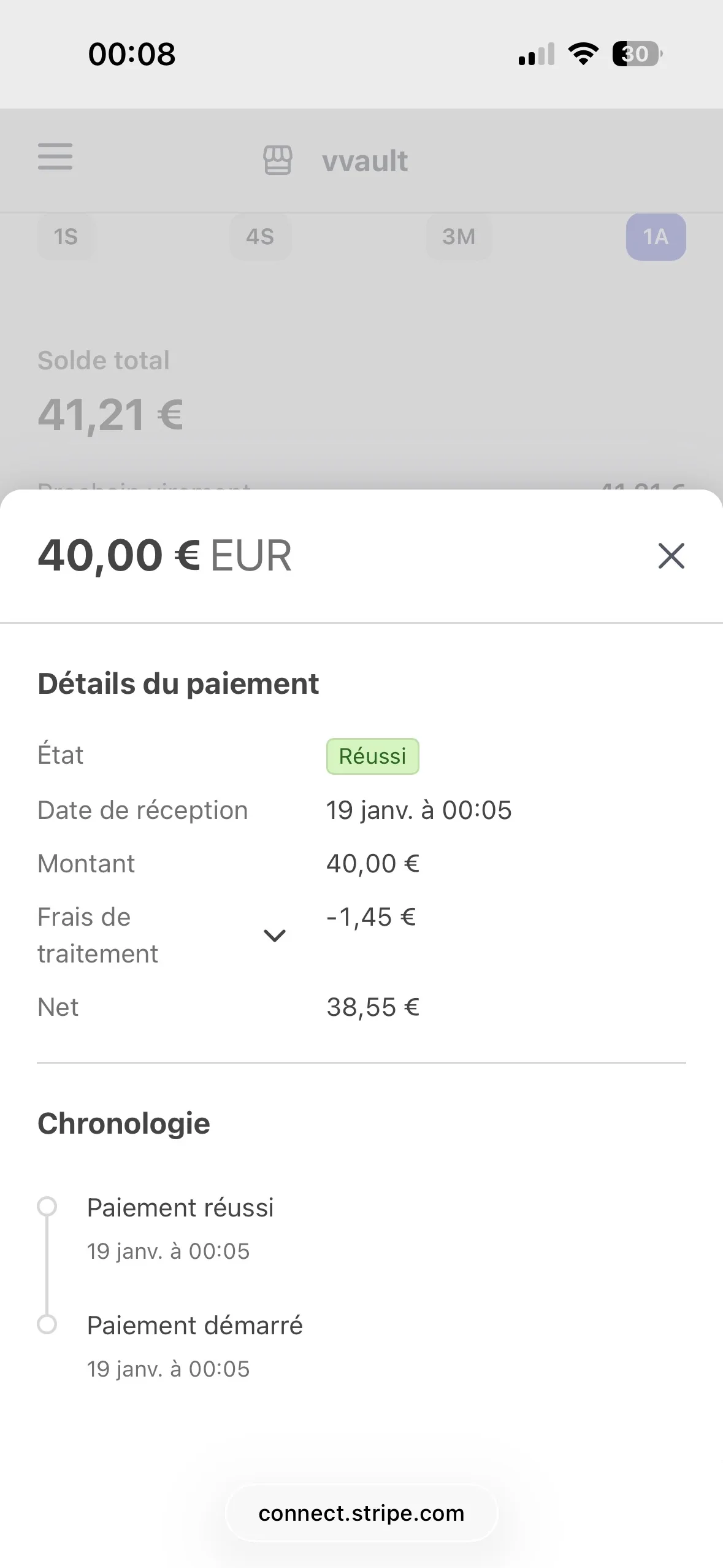 Paiement Stripe de 40 € validé